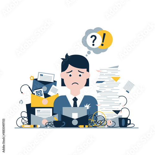 Overwhelmed businessman with too much work, deadlines and stress