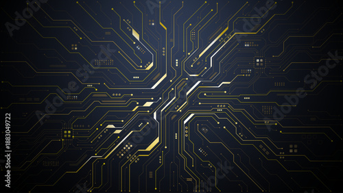 Golden circuit board background with intricate patterns, AI semiconductor technology concept, futuristic digital network design for tech innovation projects. Digital vector illustration 