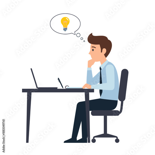 Businessman thinking with lightbulb idea above his head, working on laptop at desk