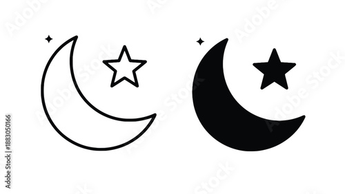 A minimalist illustration of crescent moons and stars in black and white