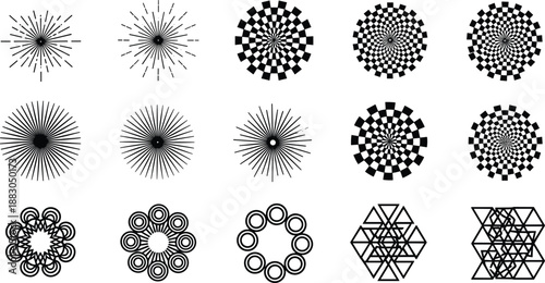 Black and white geometric radial designs with symmetry, optical illusion, concentric circles, polygons, starbursts, visual patterns, abstract shapes, perception art, line art, design elements
