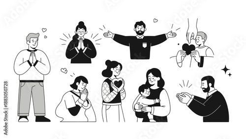 Diverse people set with heart and greeting gestures line art.