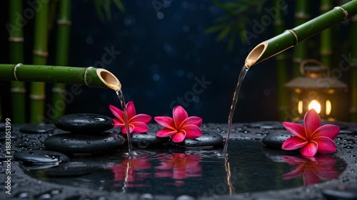 Serene bamboo pouring water onto black stones and flowers in a calm pond at night with a lantern nearby