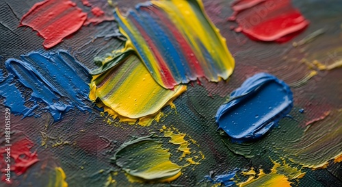 Close-up of vivid and vibrant abstract oil paint strokes on textured dark canvas