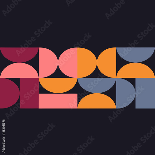Geometric shapes arranged in a vibrant pattern on a dark background from a straightforward viewpoint