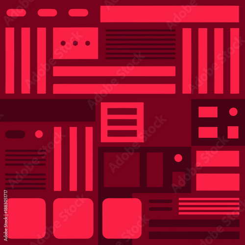 A vibrant red abstract composition featuring various geometric shapes and lines, creating a dynamic and modern visual representation from a frontal viewpoint.