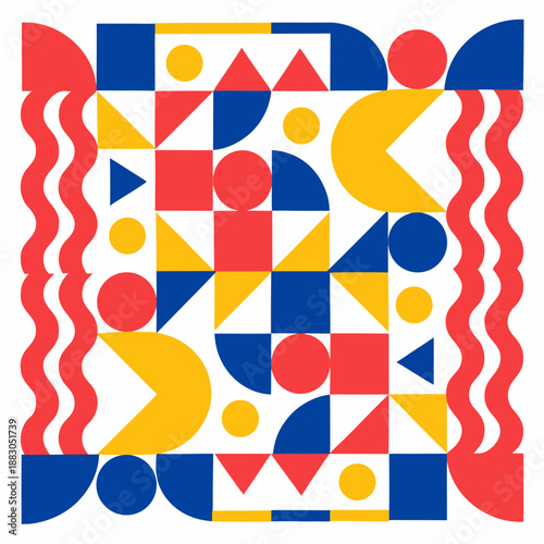 Vibrant geometric shapes in red, blue, and yellow arranged in a dynamic abstract composition viewed from directly above