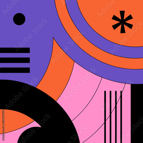 An artistic representation of abstract shapes and forms in a vibrant, dynamic composition, showcasing geometric patterns from a frontal viewpoint