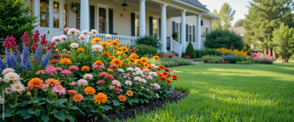 Obraz premium Colorful flower garden in front yard residential home photography sunny day close-up view landscape beauty