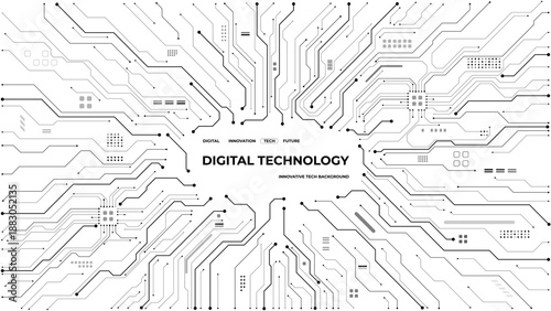 Modern circuit board pattern with central text space. White digital technology background featuring electronic lines and connections for tech designs. Digital vector illustration