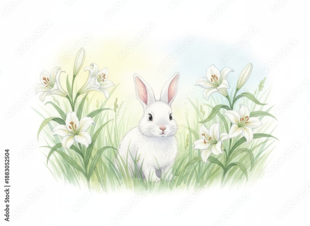 Fototapeta premium White bunny in grass surrounded by blooming white lilies