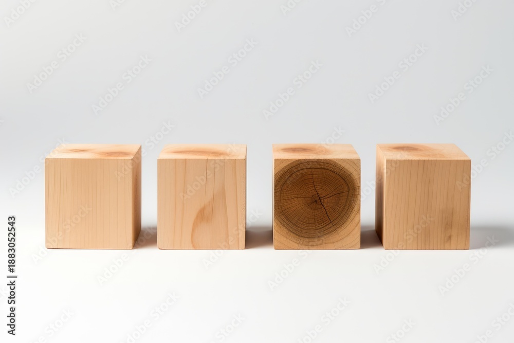 Fototapeta premium Four wooden cubes showcasing varied wood grain and one cross section with tree rings