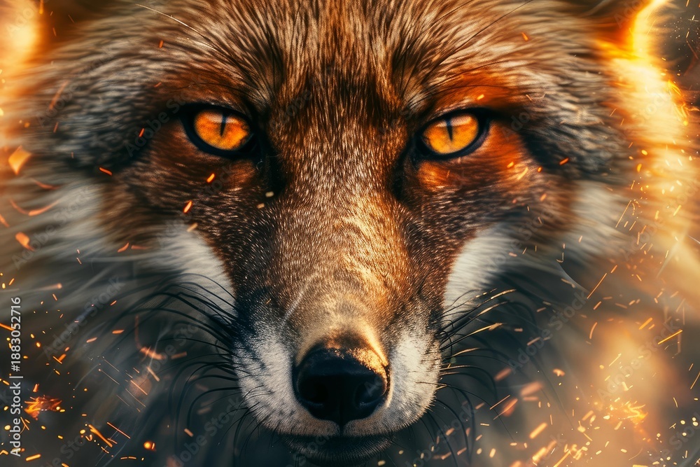 Fototapeta premium Close up of a red fox surrounded by fire sparks and smoke, creating a dramatic and intense atmosphere