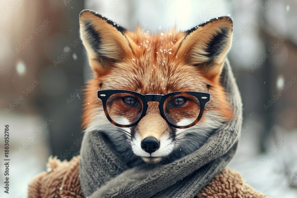 Fototapeta premium Red fox wearing glasses and a scarf during snowfall, looking intellectual and stylish