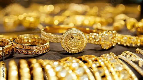 Beautiful gold jewelry, including rings and bracelets, shining brightly in a jewelry store showcase
