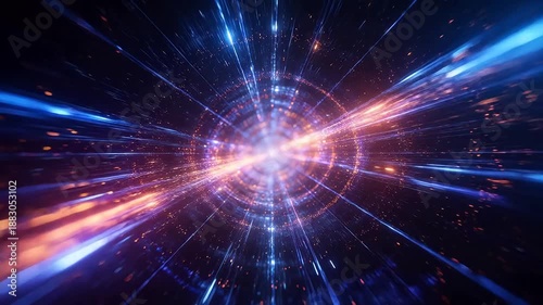 Colorful light tunnel with stars and radial motion lines