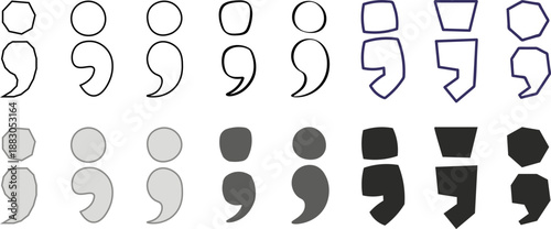 Hand drawn doodle quotation marks and comma punctuation shapes set vector