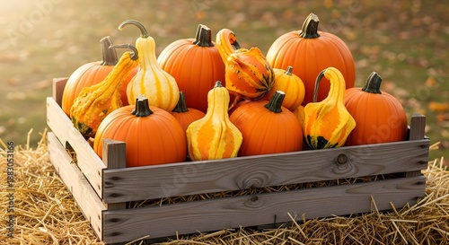 Pumpkins Gourds in Crate Autumn Harvest Thanksgiving Decoration