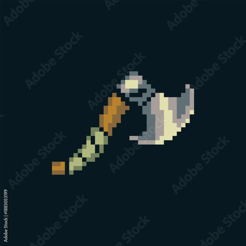 Pixel art fantasy battle axe with wooden handle and metal blade, retro 8 bit game weapon icon for RPG inventory, UI, HUD, or classic video game assets, symbolizing strength, combat, and melee power.