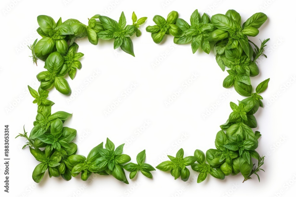 Obraz premium Fresh basil leaves and rosemary sprigs forming a green culinary frame on a white background