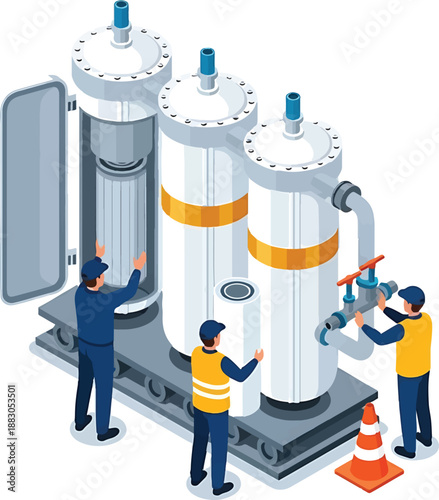 Three workers in yellow and blue uniforms inspect and maintain large industrial filtration system