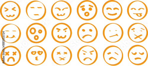 Set of hand drawn smiley face emojis and linear emoticon icons vector
