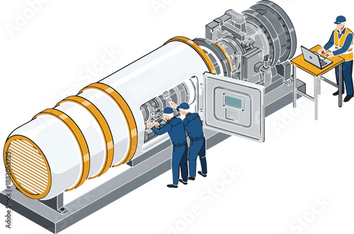 Industrial workers operating large cylindrical machinery with control panel and engine
