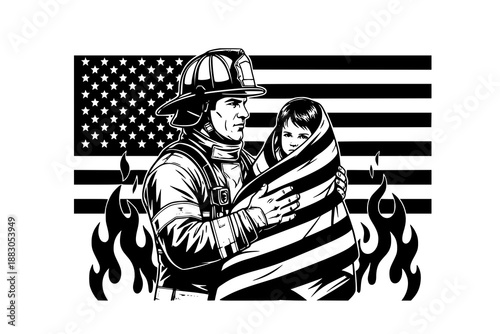 Firefighter rescuing child with american flag