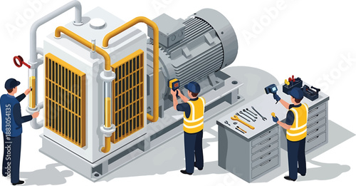 Industrial workers inspect and operate large machinery with control panel in a factory setting with safety gear