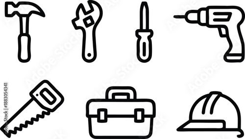 Collection of construction and repair tools like hammer wrench screwdriver drill saw toolbox and hard hat