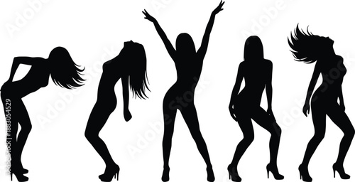 Black silhouette of women dancing and posing in various energetic moves, celebration, freedom, and self-expression concept illustration isolated on white background