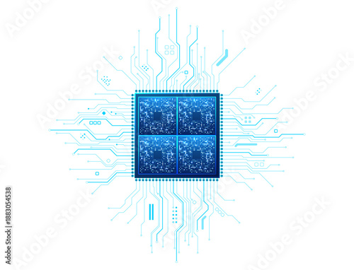 Digital detailed semiconductor chip showcasing bright tech components on transparent background. Precision-crafted processor with radiant blue circuitry and intricate digital connections. Vector