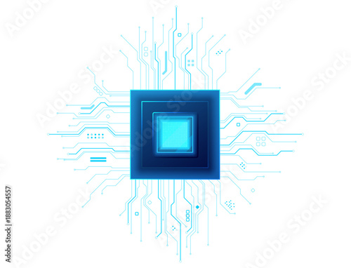 High-tech circuit chip with glowing core and wires on transparent background. Blue semiconductor design perfect for tech projects, presentations, digital interfaces. Technology vector illustration