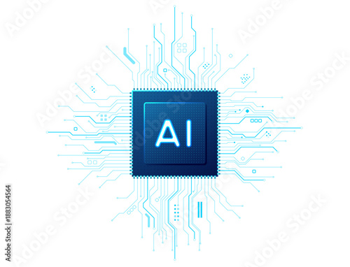 Futuristic processor with luminous central AI symbol and intricate wiring on transparent backdrop. Blue-toned digital component showcasing advanced electronic architecture, glowing core. Digital chip