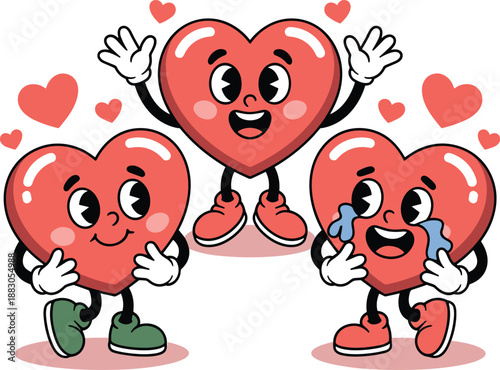 Three cartoon hearts with expressive faces and limbs