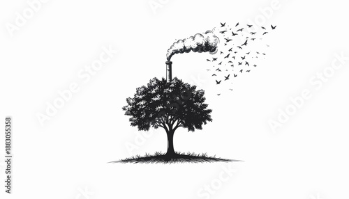 A surreal illustration depicts a tree with a smokestack emerging from its canopy, emitting smoke that transforms into a flock of birds.