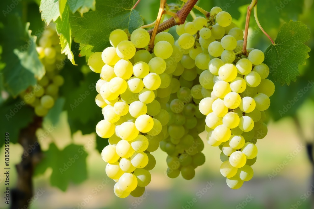 Obraz premium Ripe white grapes hang from a vine in a sunny vineyard