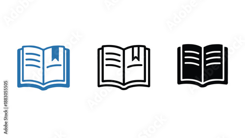 Three simple icons of open books in different colors on a white background