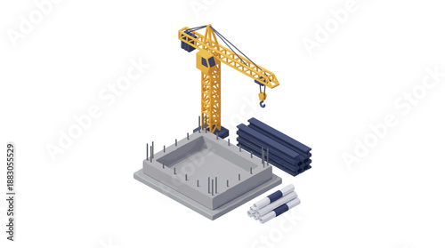 Isometric illustration of a construction site with a crane, foundation, and building materials.
