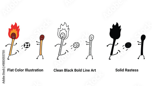 A playful illustration of matchstick characters in various styles and poses kicking a ball