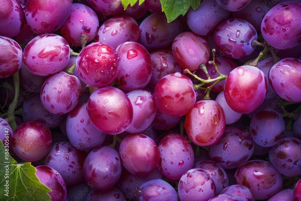 Obraz premium Close up of ripe purple grapes covered in water droplets, creating a vibrant and textured background ideal for food and beverage projects