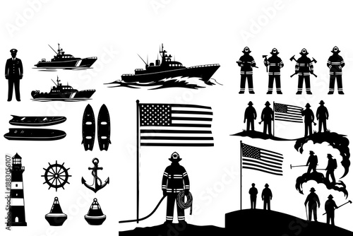 Black silhouette icons of emergency responders and maritime symbols