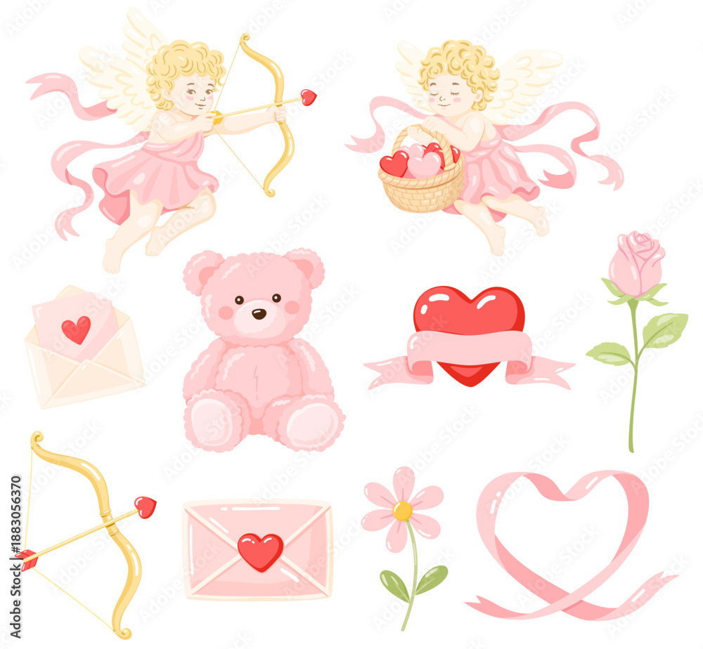 Fototapeta premium Cute Valentine Cupid Clipart Set, Angel, Bear, Heart Love Elements