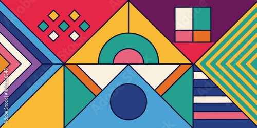 A colorful vector art illustration of an abstract geometric stained glass window featuring a bright rainbow pattern and a central cross symbol for a modern home house design element