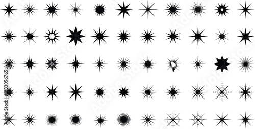 Black starburst shape grid, hand-drawn radial icons with geometric spikes, snowflake patterns for abstract design and symmetry