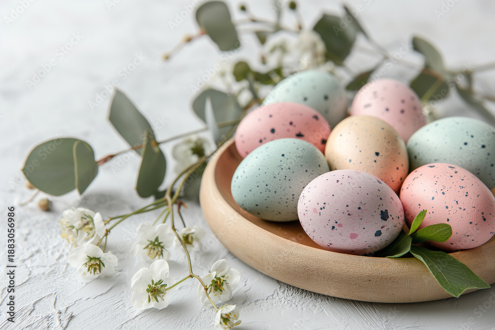 Obraz premium Soft Neutral Easter Scene with Pastel Colored Eggs