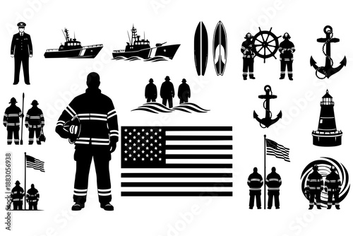 Black silhouette icons for coast guard and maritime themes