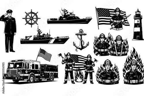 Black and white firefighter and navy hero vector illustrations