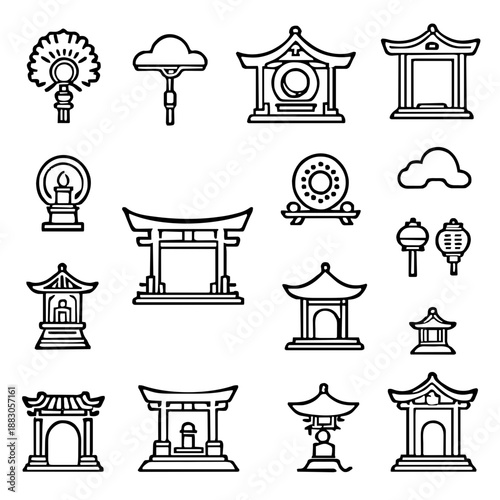 Set of Japanese Shrine and Temple Line Icons