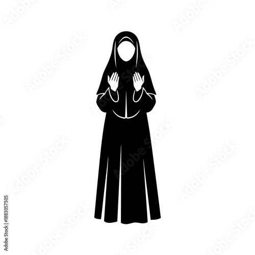 Woman in Prayer Gesture Silhouette in Simple Elegant Design with Black Robe on White Background for Spiritual